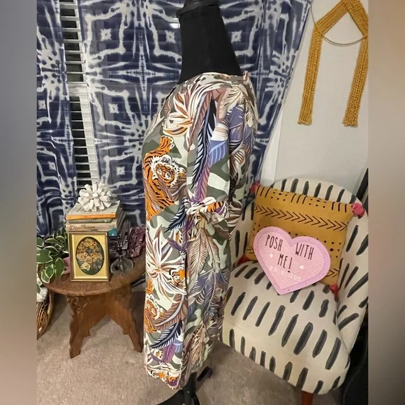 Women’s Topshop Short Sleeve Tiger and Camo Print Shift Dress Spring Vacay Sz L - Picture 11 of 14